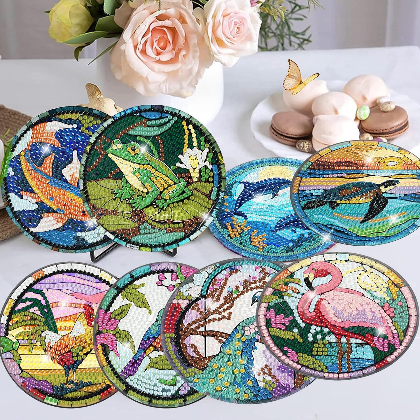 8-Piece Animal Diamond Art Coaster Kit for Adults – DIY Diamond Painting Coasters with Holder & Cork Pads, Home & Office Decor Craft (Different Animals)