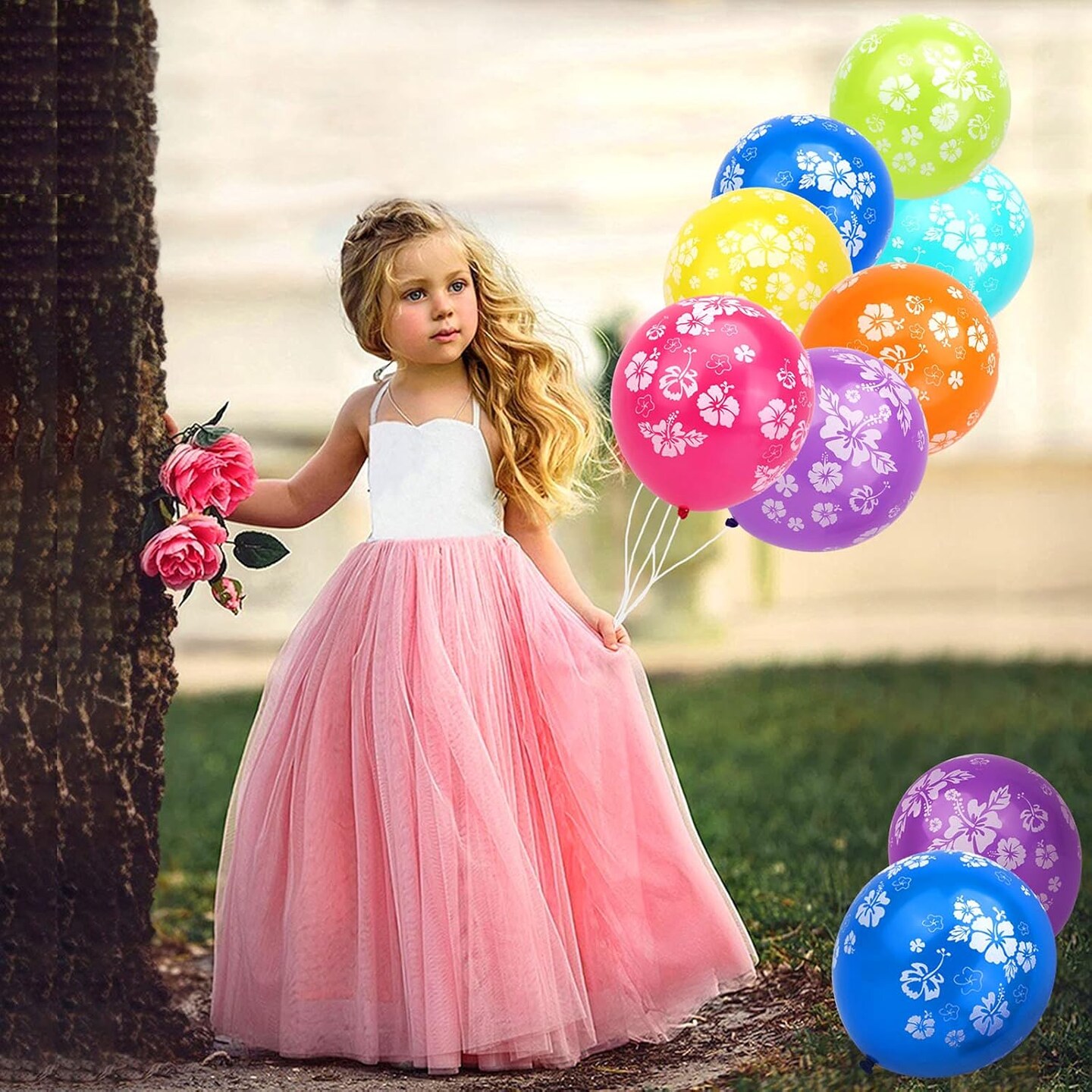 35 Pcs Hawaiian Balloons Hibiscus Flower Printed Latex Balloons