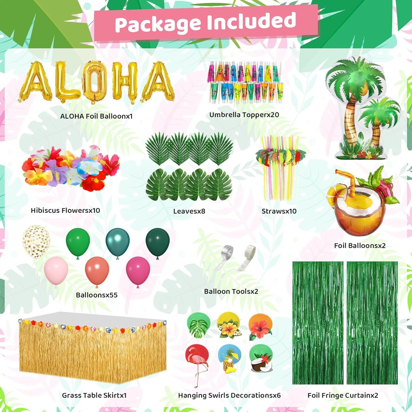 Hawaiian Summer Party Decorations with Banners, Balloons, Curtains, Table Skirt, and Cupcake Toppers