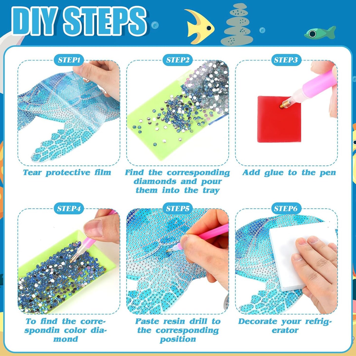 3 Pcs Summer Diamond Art Kits for Adults Sea Ocean Animals Turtle Starfish