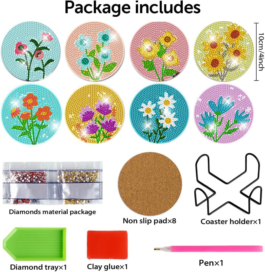 8 Pcs Diamond Art Coasters Kit with Holder