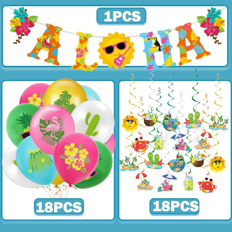 Summer Party Decorations Set, Banner Balloons Summer Foil Hanging Swirls (37 Pcs)
