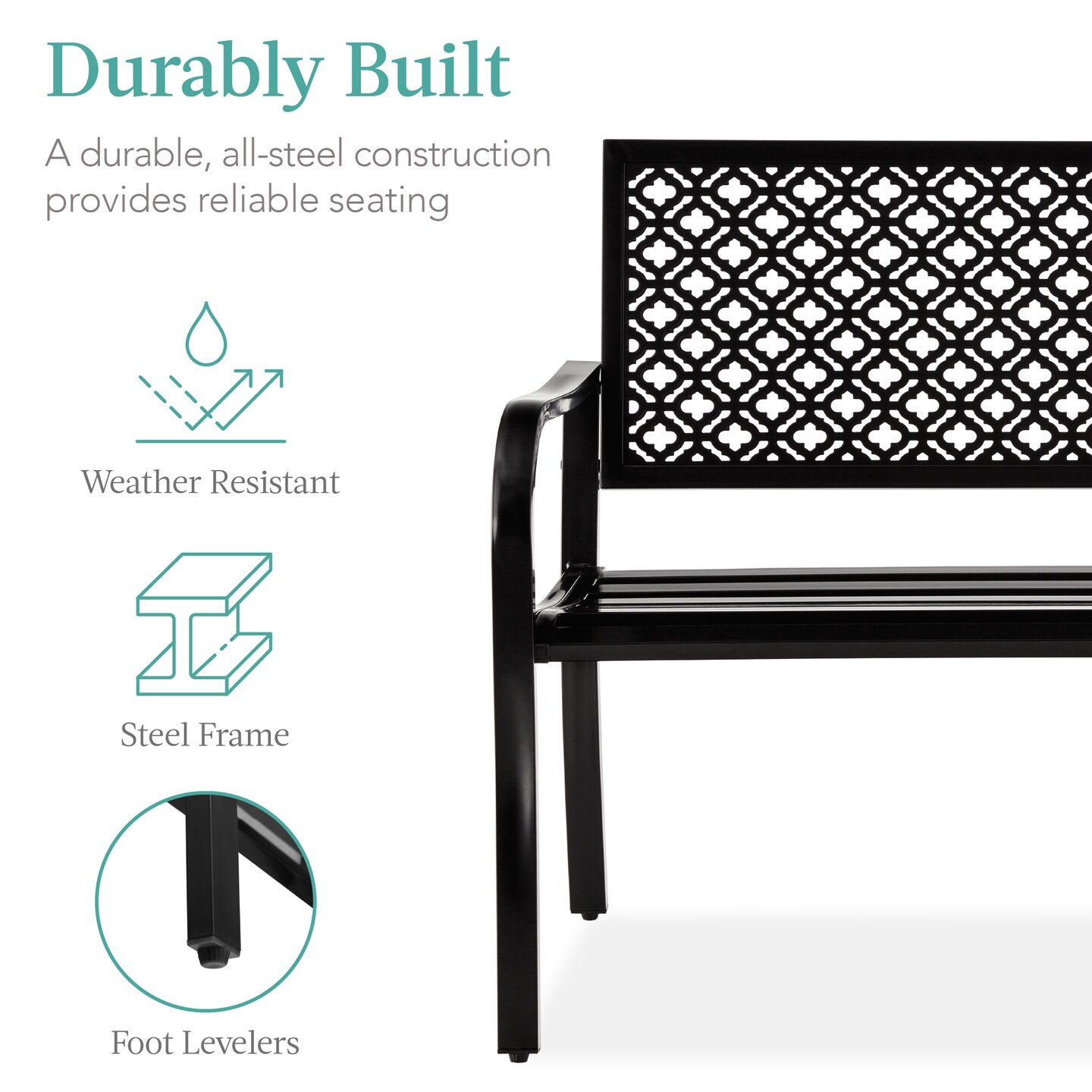 Best Choice Products Indoor Outdoor Steel Garden Bench w/ Geometric Backrest, Foot Levelers