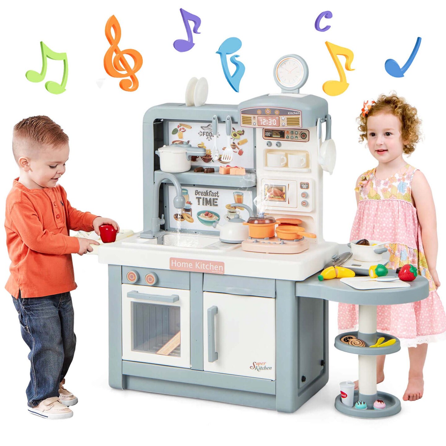 Costway Kids Pretend Kitchen Playset Role Play Kitchen Play Toy with Sink Oven Microwave Pink/Grey