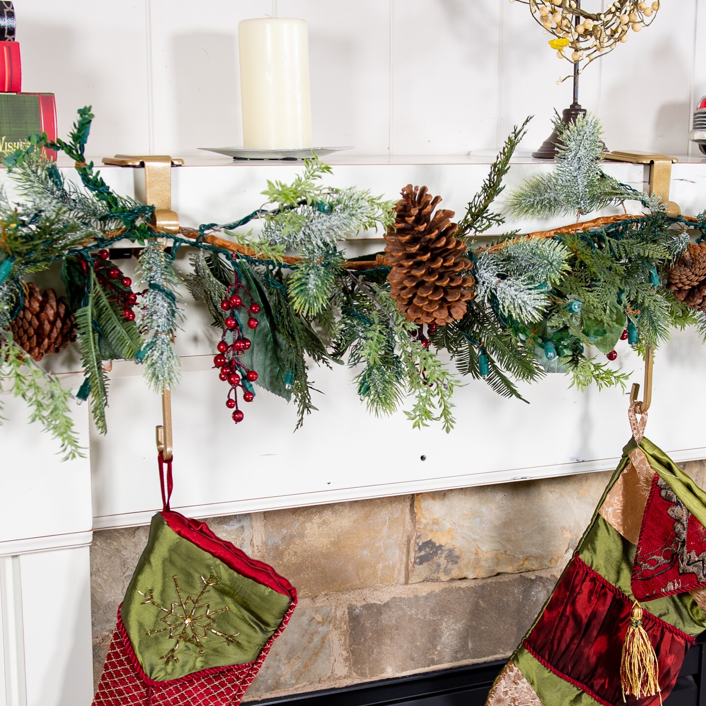 Garland and christmas stocking holder for mantle
