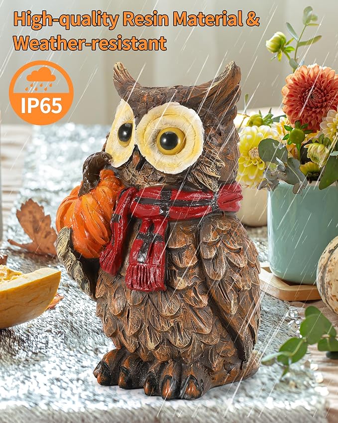 Fall Harvest Owl Ornaments - 7&#x22; Resin Craft with Red Scarf and Pumpkin for Thanksgiving Table Decorations Centerpieces Owl decor for shelves, desks, homes, offices, and gardens.