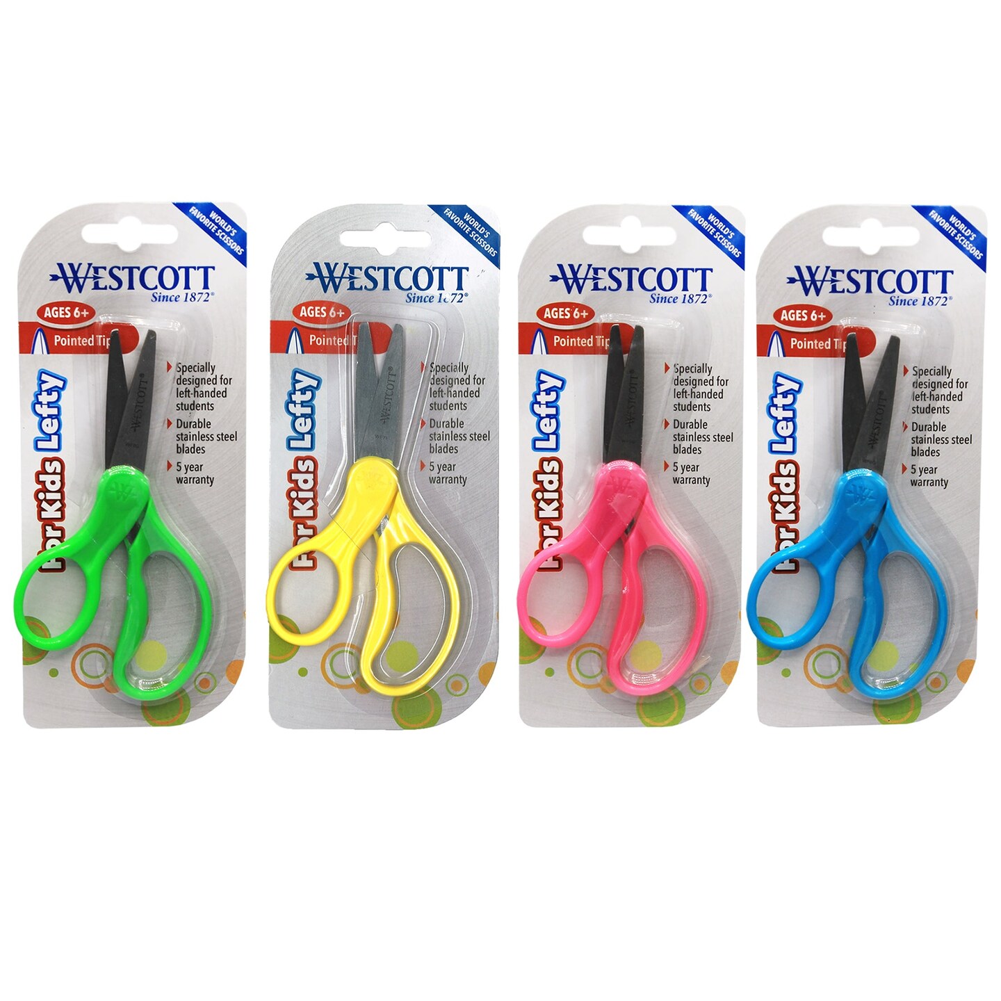 School Left-Handed Kids Scissors, Assorted Colors, 5&#x22; Pointed