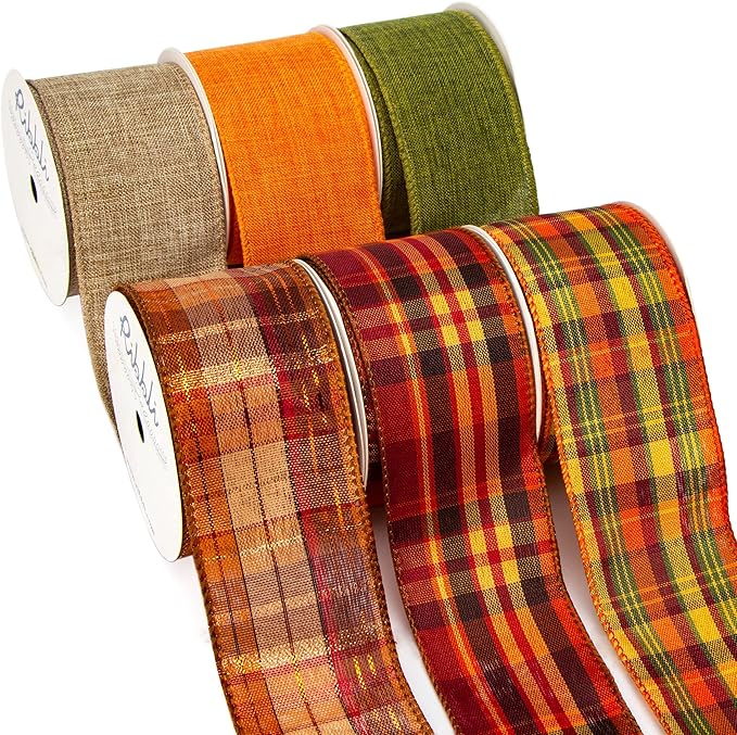 Fall Burlap Ribbon, Natural, Orange, Sage Green, and Fall Color Plaid Wired Ribbon, 2 Inch x 6 Rolls Total 30 yards of fall wired ribbon for big bows, wreaths, and outdoor decorations.