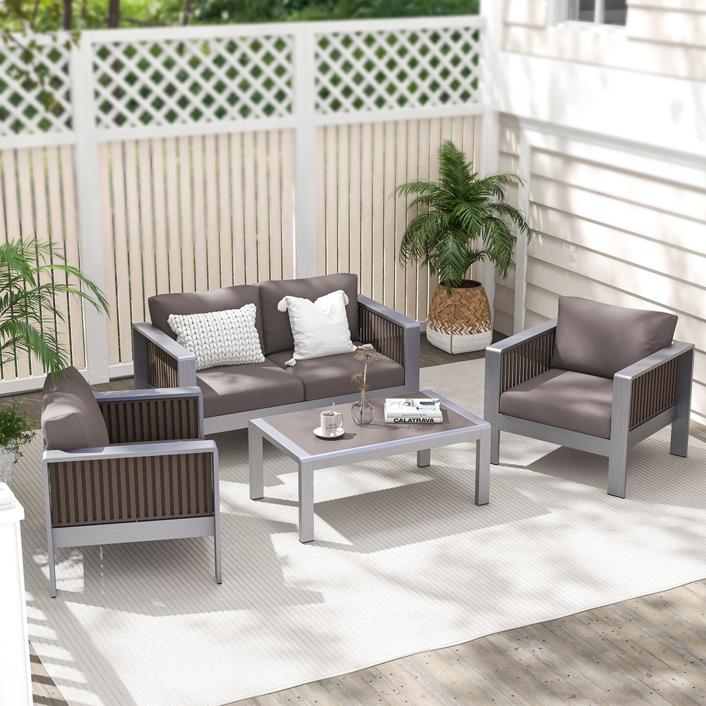 Costway 4 PCS Aluminum Patio Furniture Set with Thick Cushions &#x26; Tempered Glass Tabletop