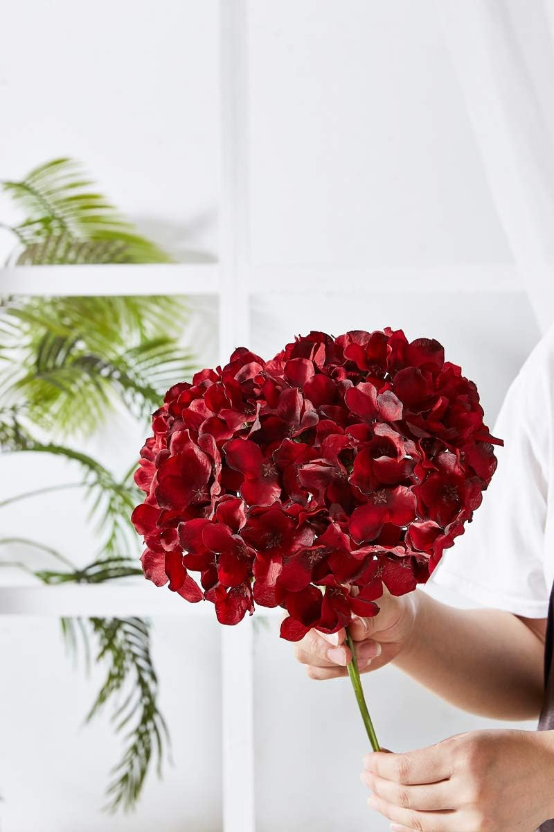 Hydrangea Silk Flower Heads with 10 Stems. Burgundy artificial hydrangea flower head for wedding centerpieces and bouquets. DIY Floral Decor: Home Decoration