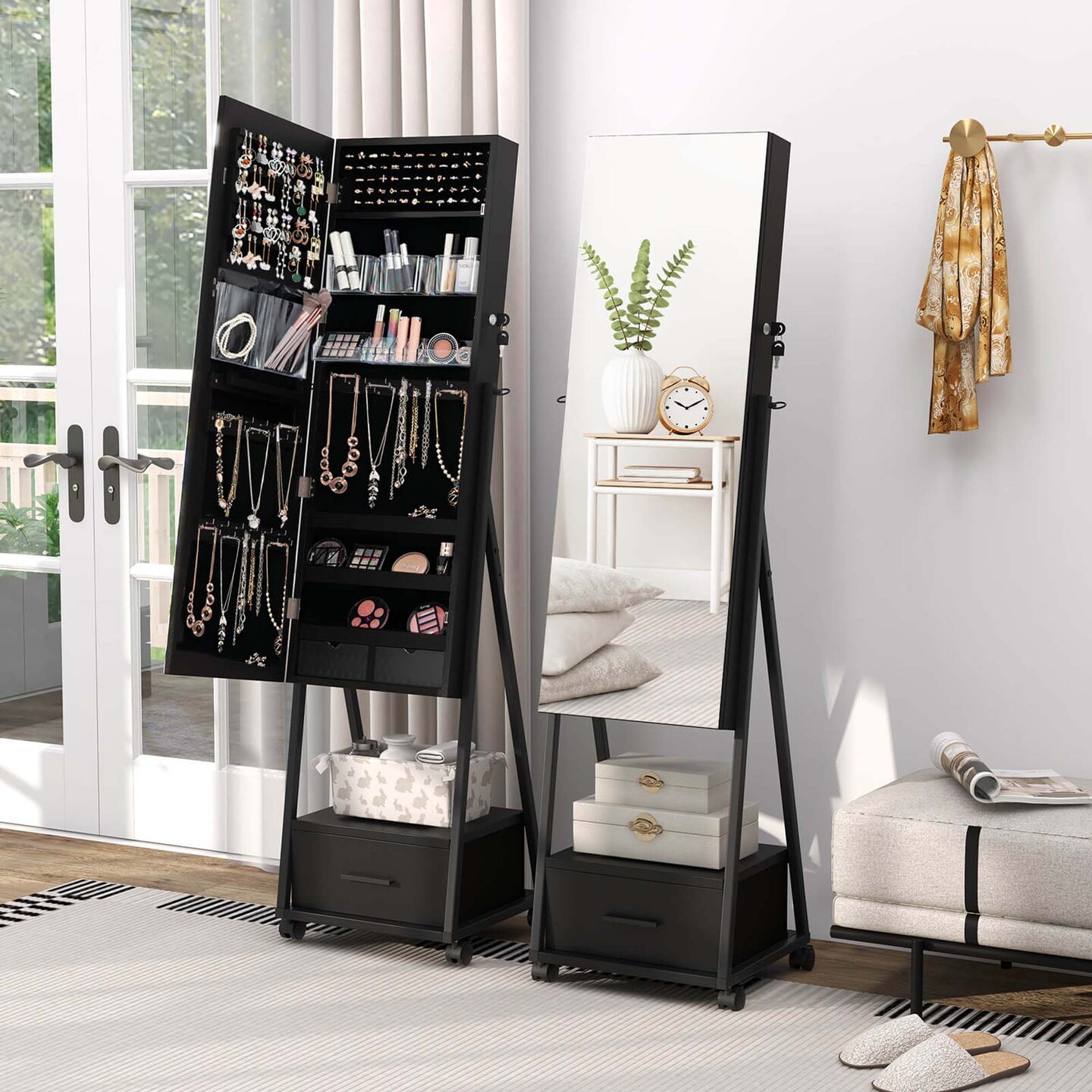 Costway Jewelry Cabinet Armoire Full Length Mirror Lockable with Bottom Drawer &#x26; Wheels White/Coffee/Black