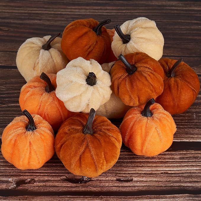 Pumpkin Decor 12 Pieces Artificial Fake Faux Velvet Foam Fabric Pumpkins Decoration for Fall Home Farmhouse Harvest Thanksgiving Decorative