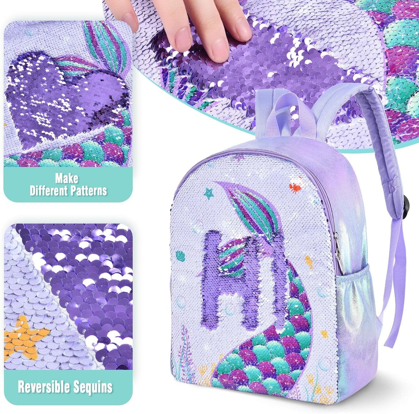 Sparkly Girls Mermaid Backpack - Sequins School Backpack for Kids Girls Preschool Kindergarten Elementary 15&#x201D; Lightweight Travel Casual Book Bag Schoolbag