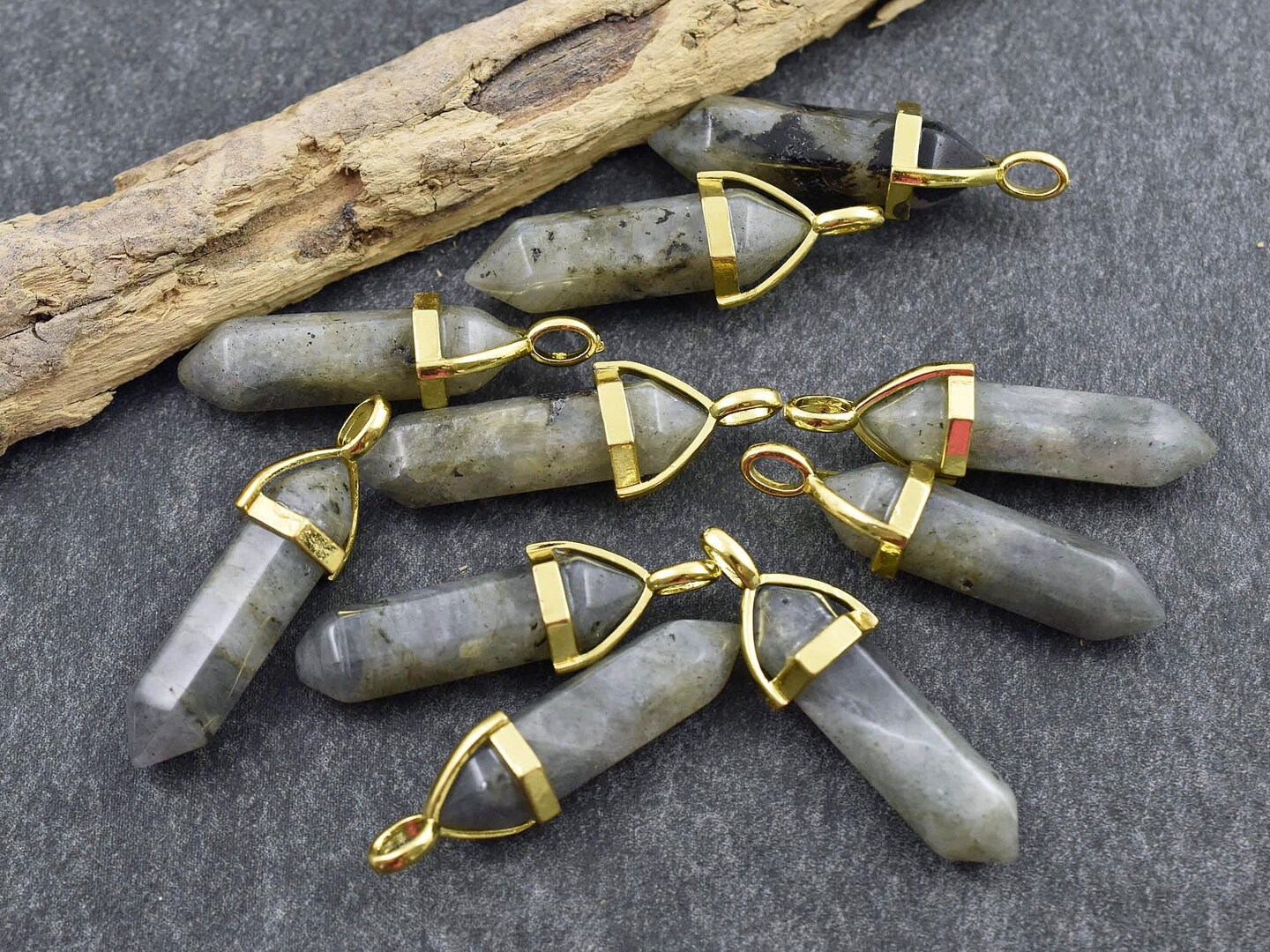 40mm Gold Tone Natural Labradorite Double Terminated Bullet Pendant