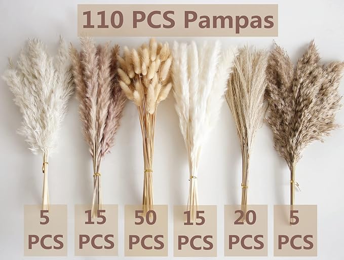 110 Piece Dried Pampas Grass Bouquet, Boho Table Decor, Bunny Tails Dried Flowers, Brown Pompas, White Pampas Grass for Wedding, Home, Rustic Party, and Baby Shower Decorations