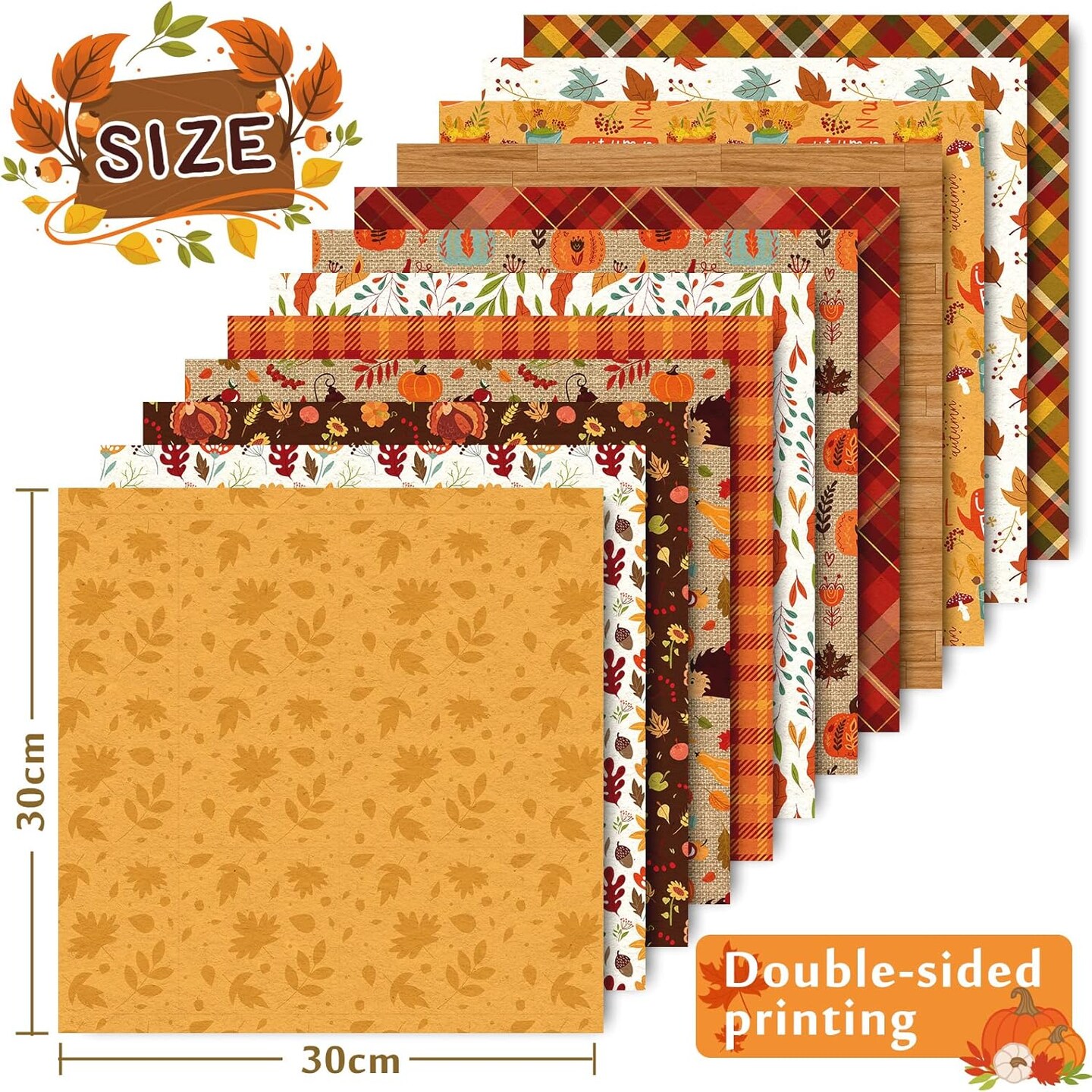 24 Pieces Fall Pattern Paper 30x30cm Colorful Fall Leaves Pumpkin Plaid Double-Sided Scrapbook Specialty Paper Folded Flat for DIY Decorative Background Card Making Photo Album Junk Journal Decor