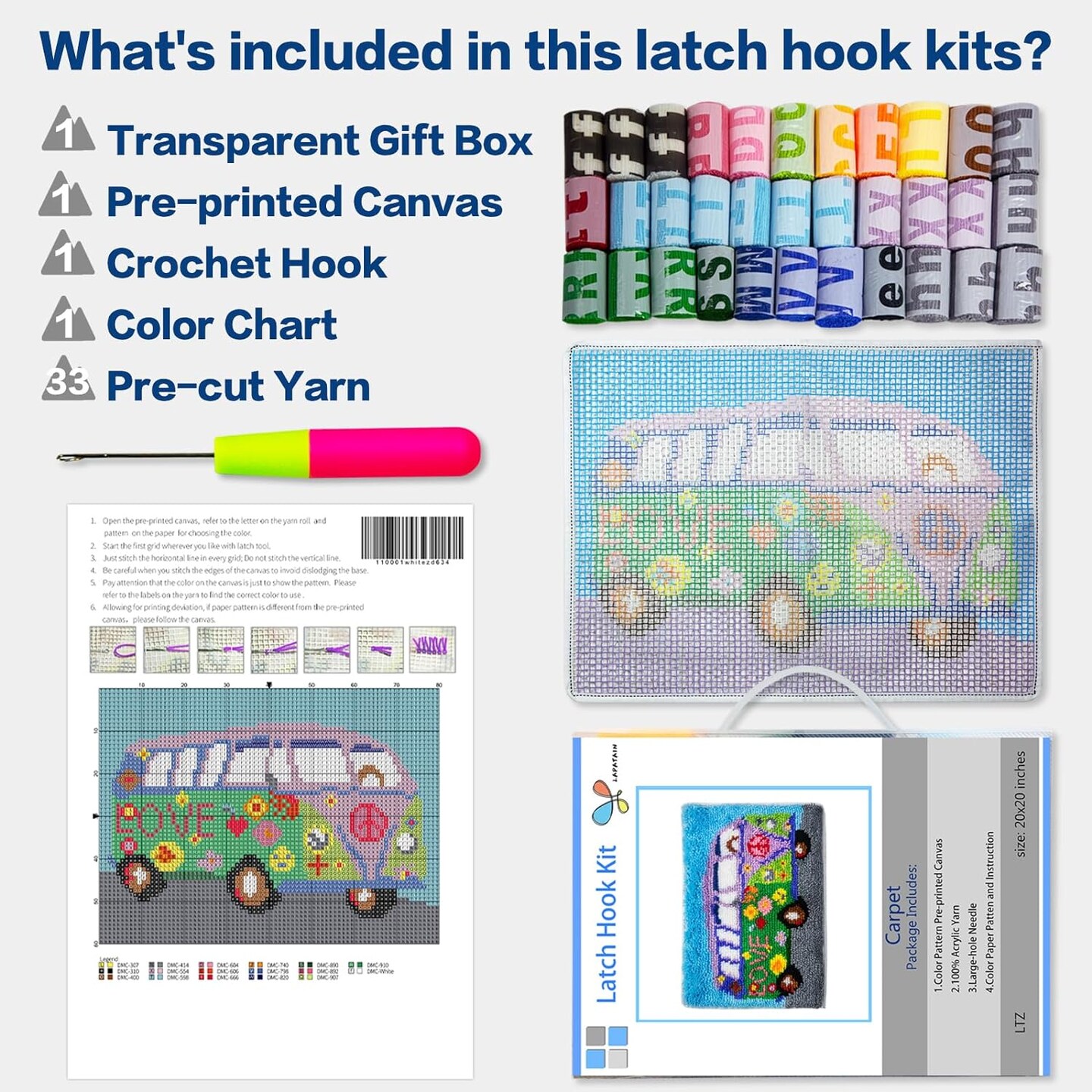 Latch Hook Kits DIY Crochet Yarn Kits: Boots Carpet Embroidery Hook Rug Kit Needlework Sets Cushion for Kids or Adults Home Decor 20x15inch