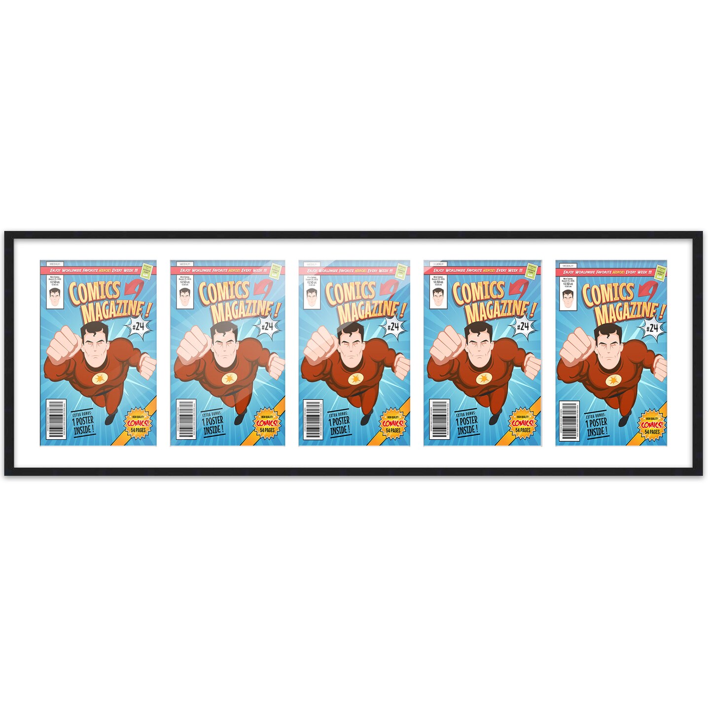 Comic Book Display Frame for Current Era Comic Published After 1985 - Black Wood Comic Frame With White Mat for 6.875x10.5 Comic, 18 Frame Sizes