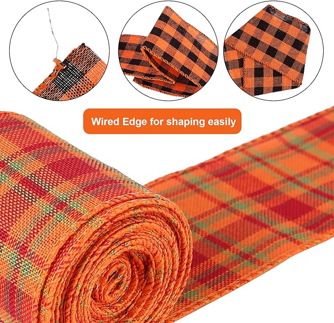 6 Rolls 30 Yards Fall Burlap Ribbon, 2.5&#x22; Wide Buffalo Plaid Wired Edge Ribbon with Pumpkin Pattern. Thanksgiving Theme Craft Ribbon Rustic Autumn Harvest Ribbon for Gift Wrapping. Making a wreath bow.
