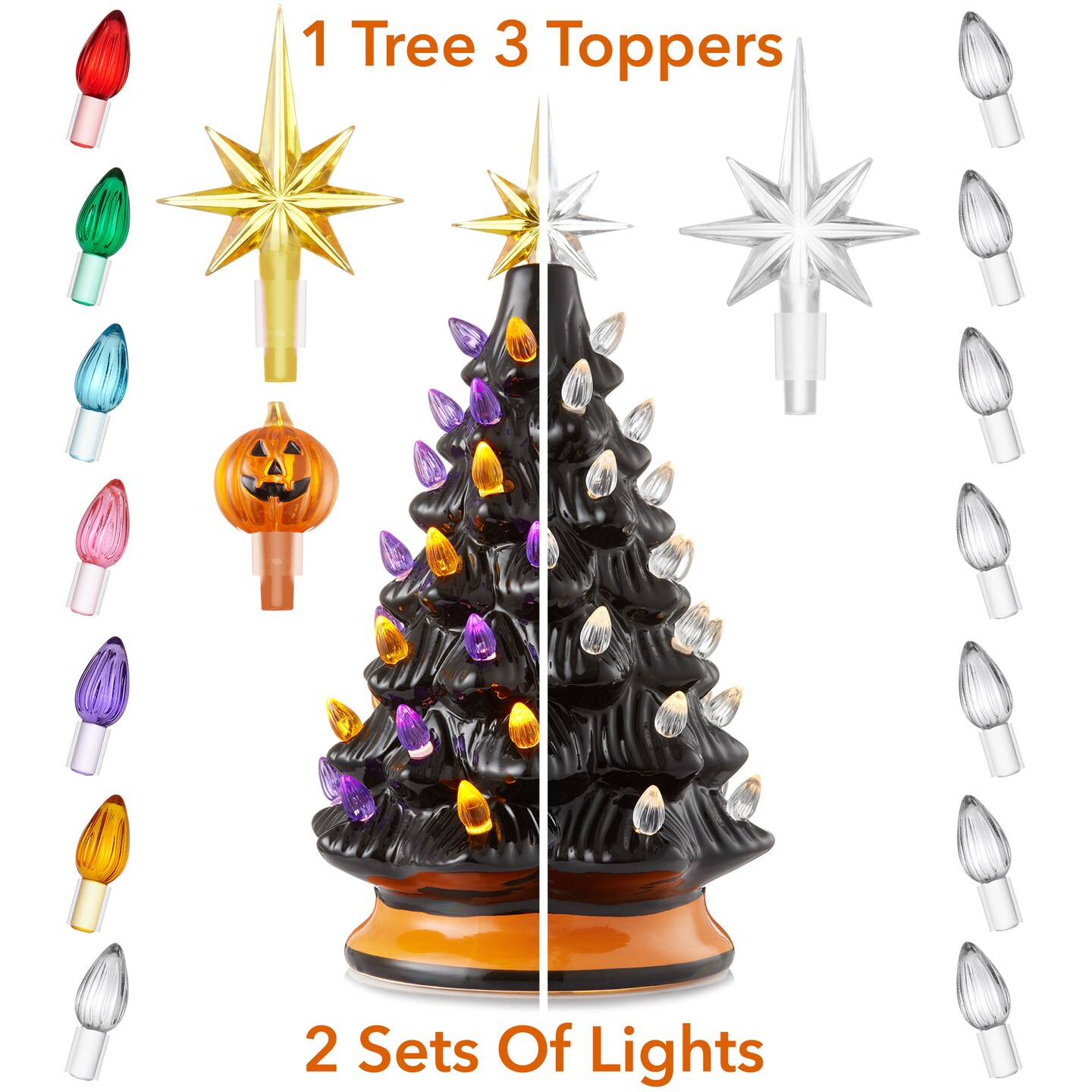 Casafield Hand Painted Ceramic Christmas Tree, 12-Inch Pre-Lit Tree with 100 Multi Color Lights and 2 Star Toppers