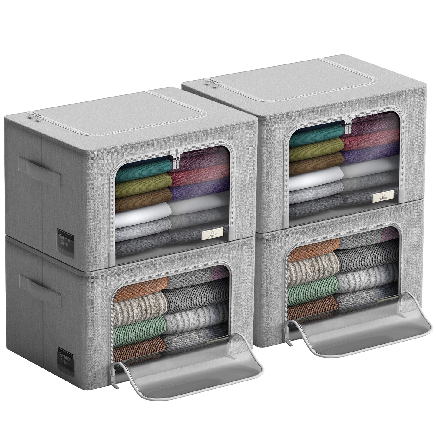 Sorbus Large Storage Bins, 4 Pack Stackable &#x26; Foldable Clothes Organizer Bags with Metal Frame, Window, &#x26; Handles