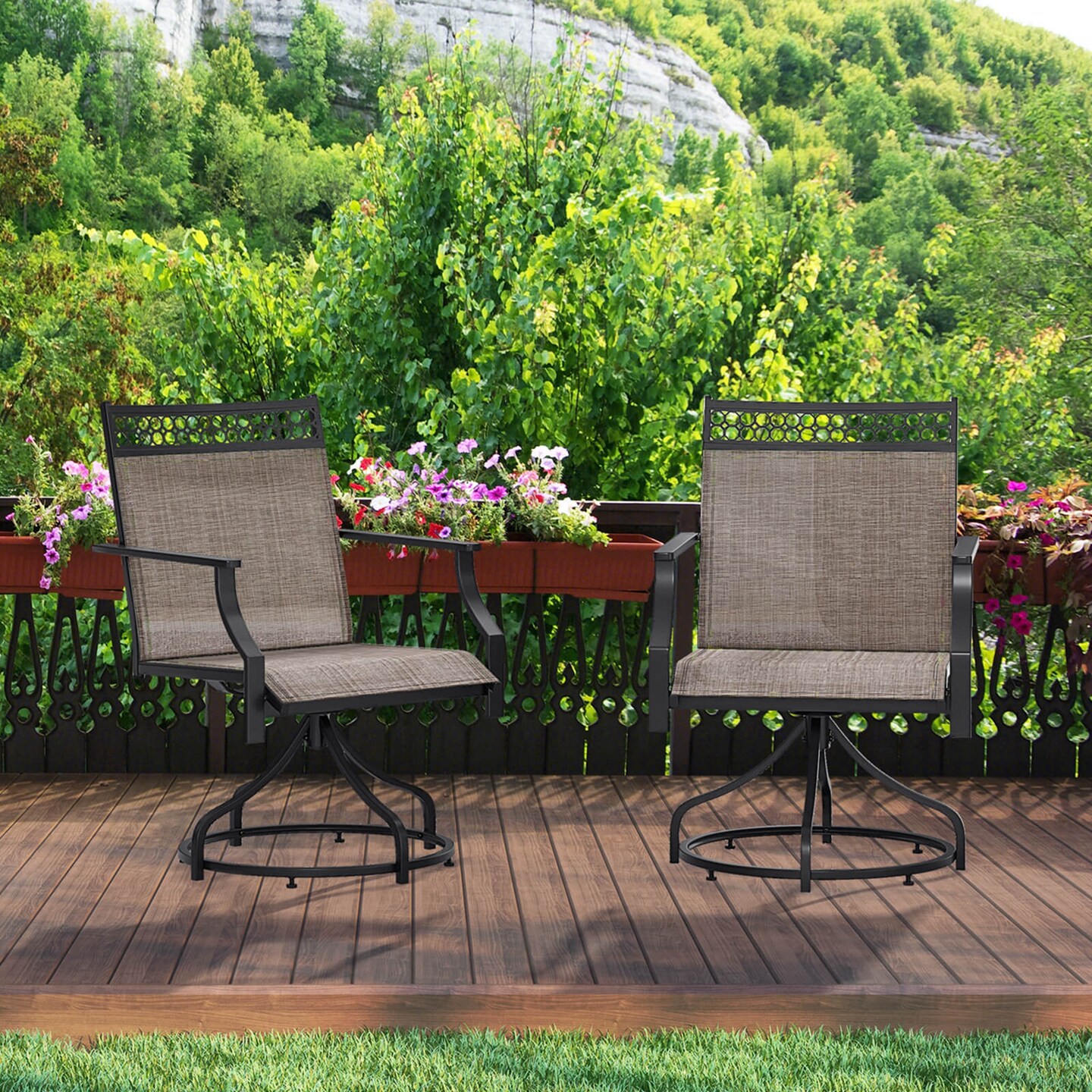 Costway Patio Swivel Dining Chairs Set of 2 with Quick-Drying Fabric and Metal Frame Brown/Gray