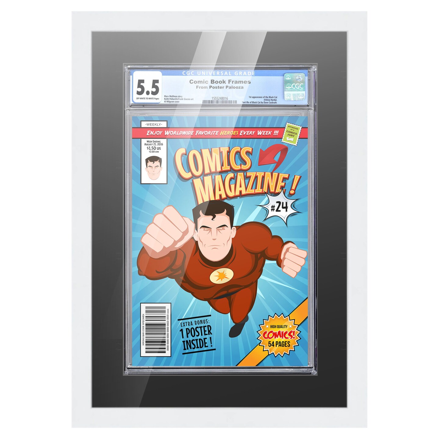 Comic Book Display Frame for Graded Comics - White Wood Comic Frame With Black Mat for 8.125x13 Comics, 18 Frame Sizes