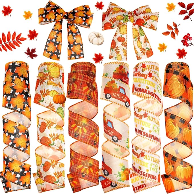 6 Rolls 30 Yards of Fall Burlap Ribbon Rolls Wired Wrapping Ribbon Buffalo Plaid Pumpkin Truck Turkey Maple Harvest Fall Ribbon Thanksgiving Wreath Decoration for Autumn Craft Bow Gift Making