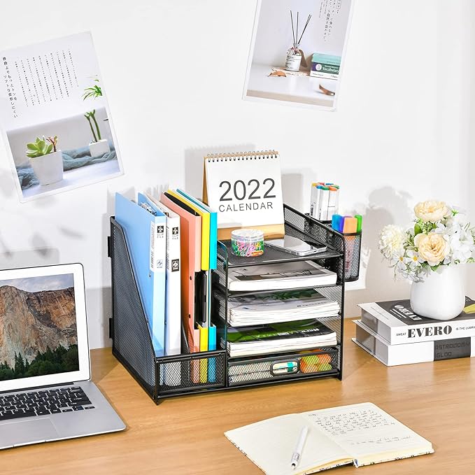 Desk Organizer with File Holder, 5-Tier Paper Letter Tray Organizer with Drawer and Two Pen Holders, Mesh Desktop Organizer and Storage with Magazine Holder for Office Supplies (Black).