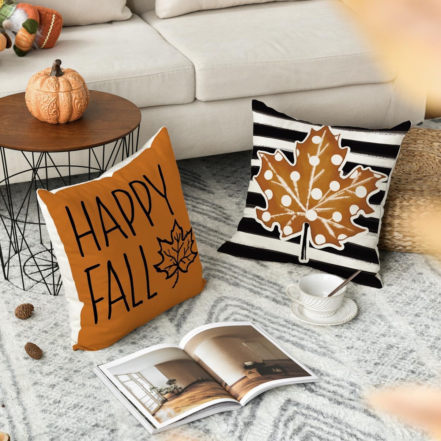 Colorlife Happy Fall Hello Pumpkin Throw Pillow Covers, 18 × 18 Inch, Autumn Thanksgiving Harvest Polka Dot Maple Leaf Decorations for Sofa Couch Set of 4.