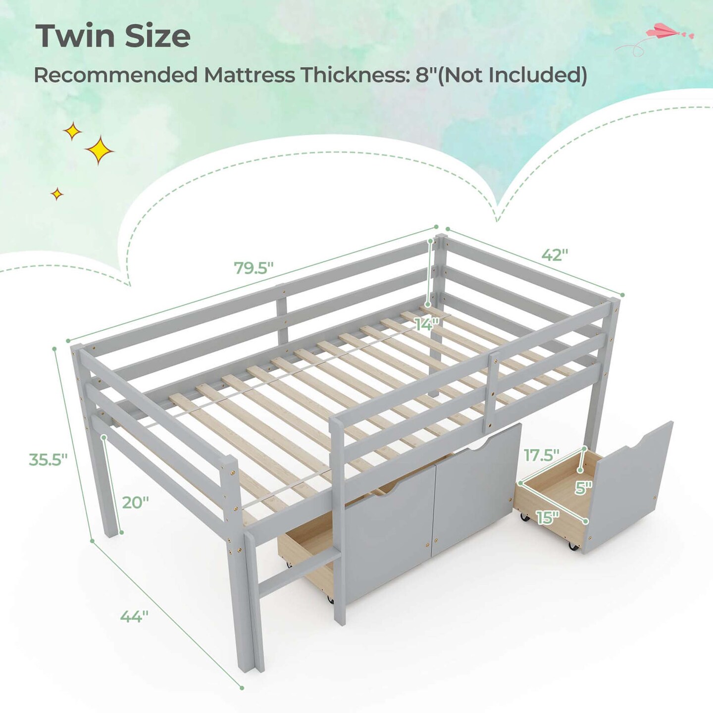 Costway Twin Size Low Loft Bed with 3 Drawers Ladder & Full-length Guardrails Storage White/Grey