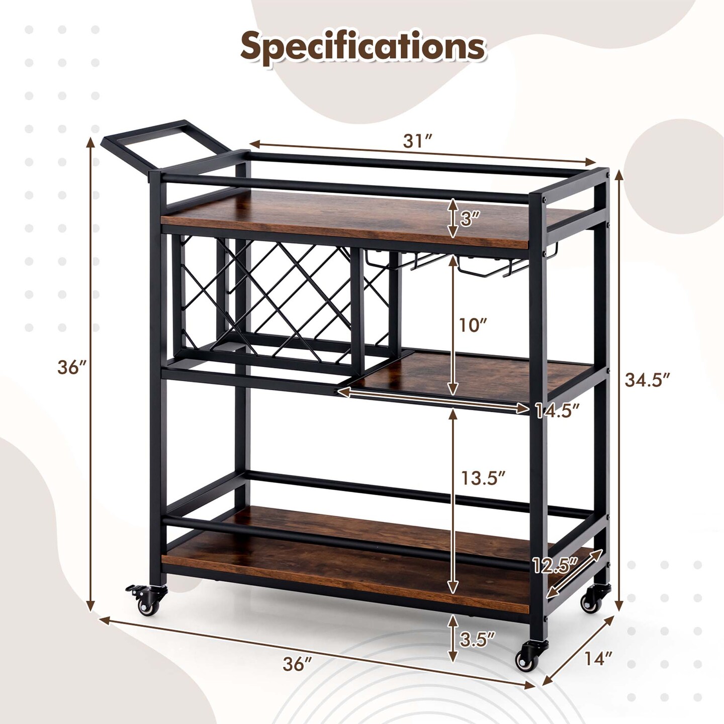 Costway 3-tier Bar Cart on Wheels Home Kitchen Serving Cart with Wine Rack &#x26; Glass Holder Rustic Brown/Brown