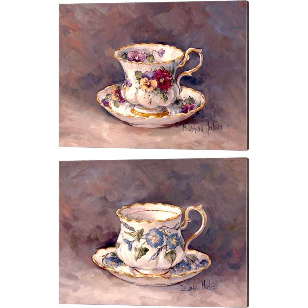 Pansy &#x26; Morning Glory Teacup by Barbara Mock 15&#x22; x 12&#x22; Canvas Wall Art (Set of 2)
