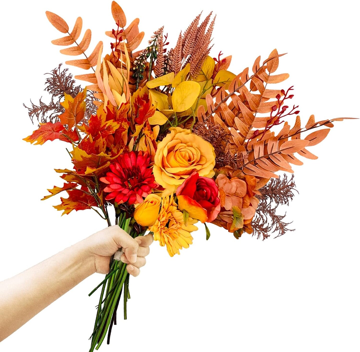 Artificial Fall Flowers Bouquets, 21.6&#x22; Autumn Fake Silk Orange Flowers Wedding Bouquets with Fall Florals Stems for Bridal Bridesmaid, Rustic Home Thanksgiving Table Centerpiece Decoration