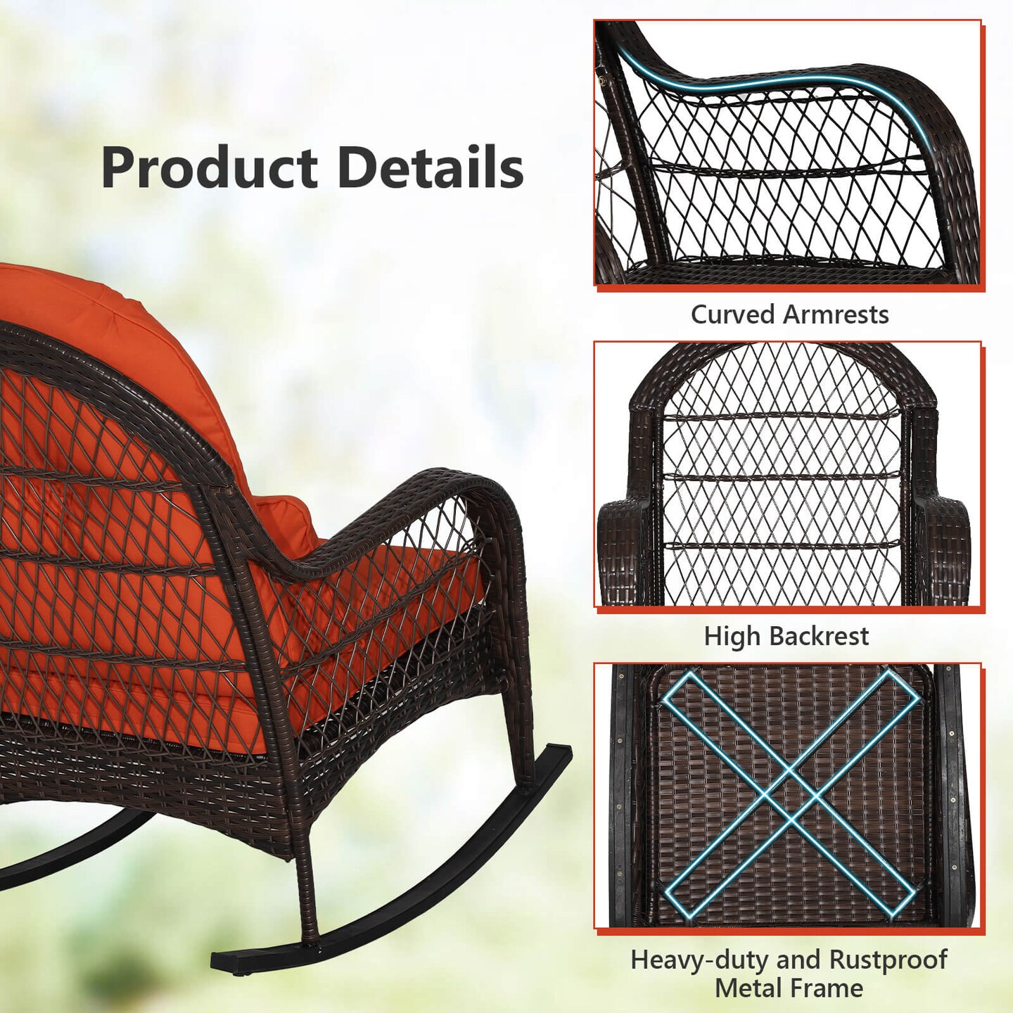 Costway 2PCS Patio Wicker Rocking Chair W/Seat Back Cushions &#x26; Lumbar Pillow Balcony