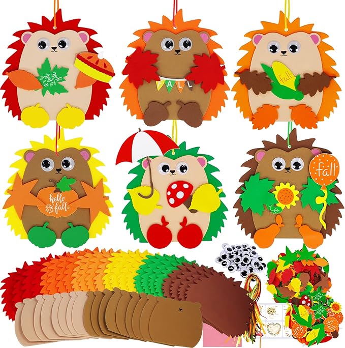 Fall Craft Kits, 24 Sets DIY Fall Hedgehog Ornaments and Decorations Art Sets Autumn Maple Leaf Pumpkin Foam Stickers. Googly eyes for kids. Thanksgiving Halloween Classroom Activities Party Favors