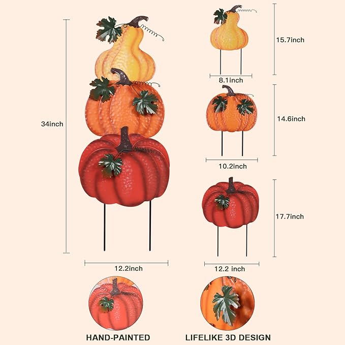 Outdoor Fall Decorations for Home, 34&#x22; Decorative Garden Stakes with 3 Stacked Pumpkins for Fall Decor, Metal Yard Signs for Garden, Lawn, and Patio Thanksgiving Decorations