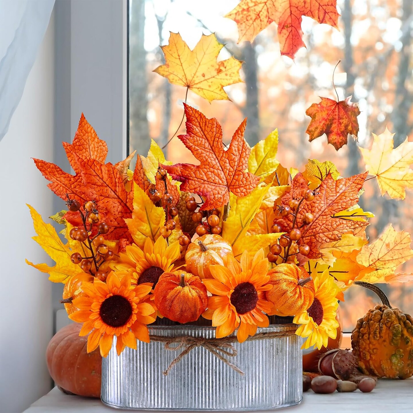 10 inch Fall Floral Arrangement in Galvanized Metal Oval Planter Artificial Autumn Harvest Maple Leaf Floral Stems Faux Potted Plants Table Centerpiece for Farmhouse Wedding Home Mantel D&#xE9;cor