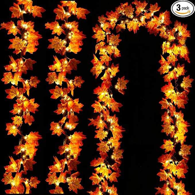 [Timer &#x26; 3-Pack] 30ft Fall Garland Fall Decorations for Home 60 LED Leafed Lights Patented Realistic Maples Leafed Battery Operated Autumn Fall Decor Thanksgiving Halloween Indoor Outdoor