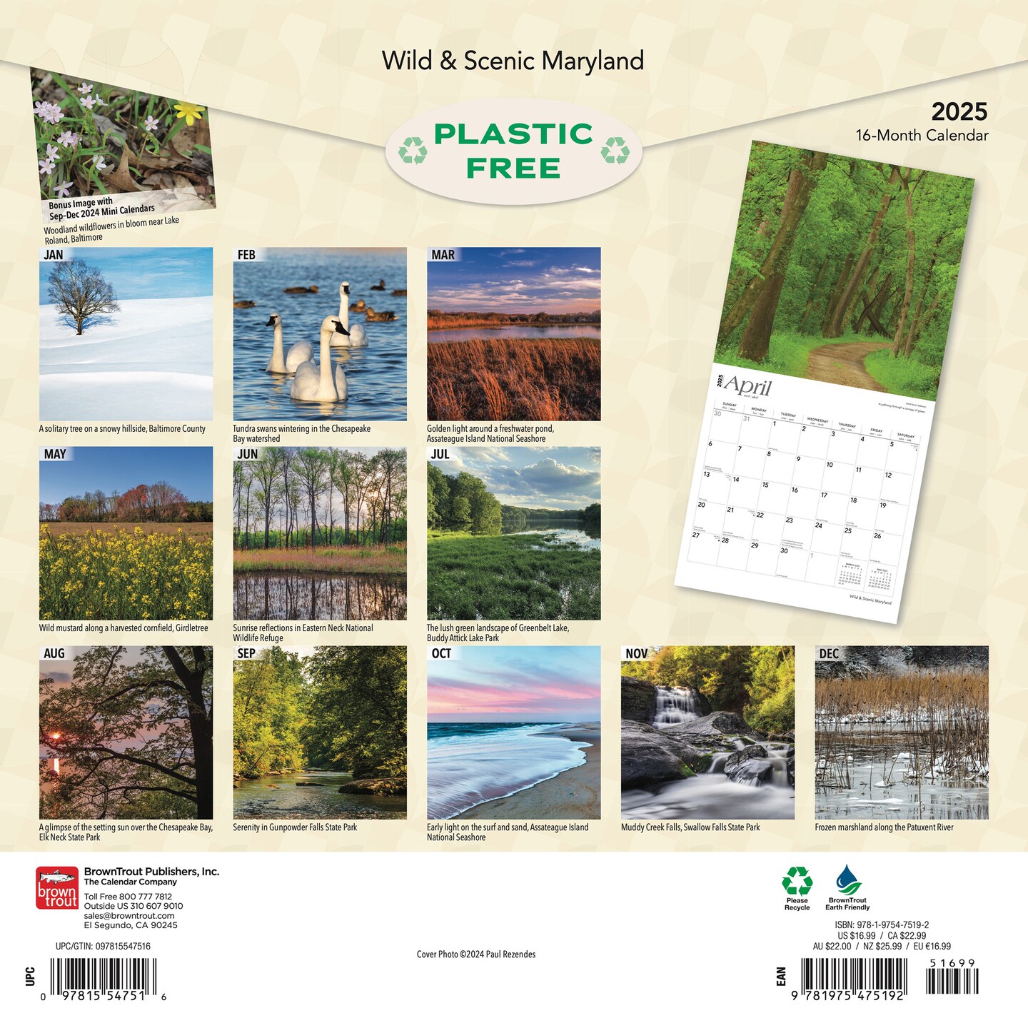 Maryland Wild &#x26; Scenic | 2025 12 x 24 Inch Monthly Square Wall Calendar | Plastic-Free | BrownTrout | USA United States of America Southeast State Nature