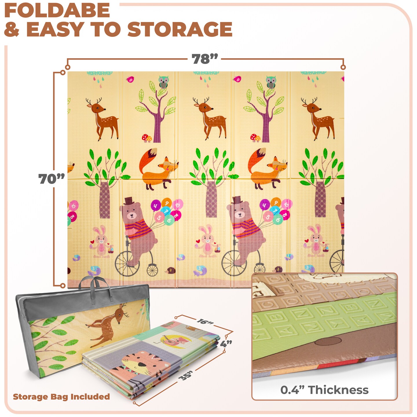 Sorbus Foldable Baby Play Mat, Kids Foam Mats for Playtime &#x26; Tummy Time with Travel Bag for Babies, Toddlers, and Kids (Woodland Buddies)