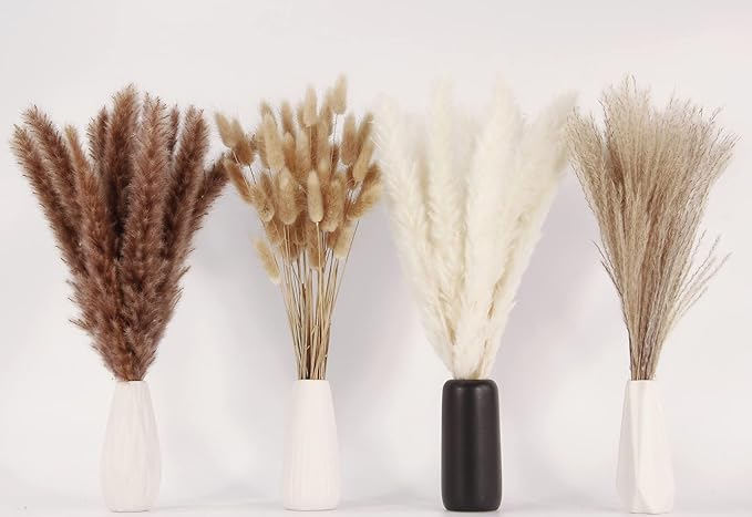 Dried Pampas Grass Decor, 100PCS Pampas grass contains bunny tails. Dried Flowers, Reed Grass Bouquet for Wedding Bohemian Flowers Home Table Decor, Rustic Farmhouse Party (White and Brown)