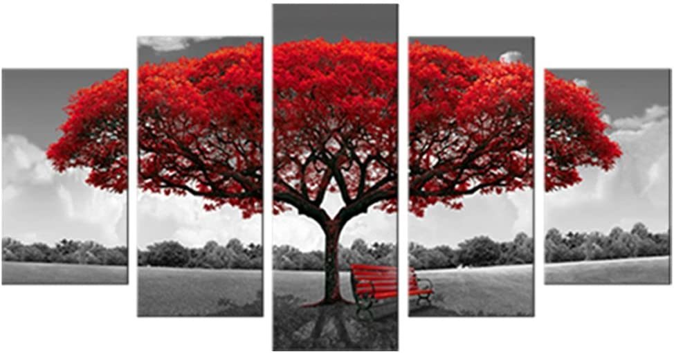 Red Tree Landscape Canvas Wall Art - Framed Modern Giclee Prints - 5 Piece Set (30x50cm, 30x65cm, 30x80cm)