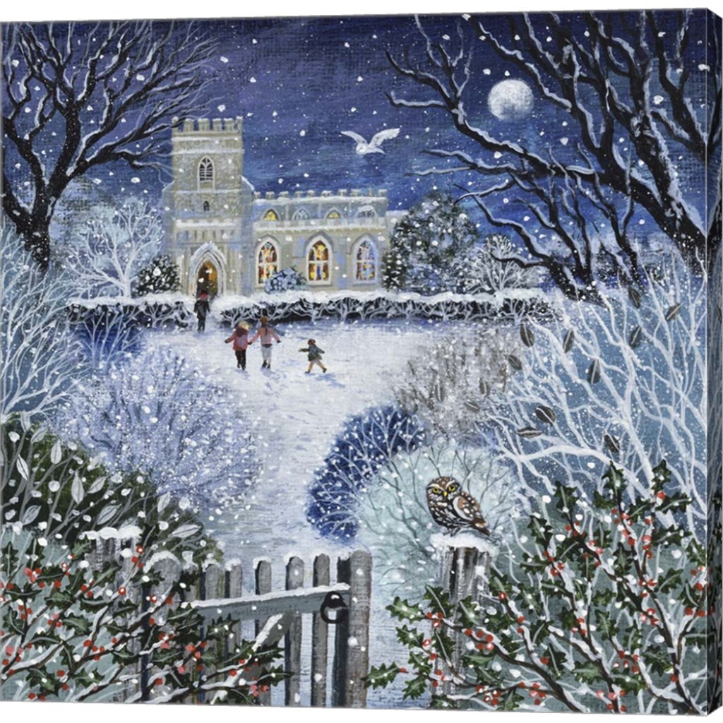 Winter Church and Little Owl by Lucy Grossmith 24&#x22; x 24&#x22; Canvas Wall Art