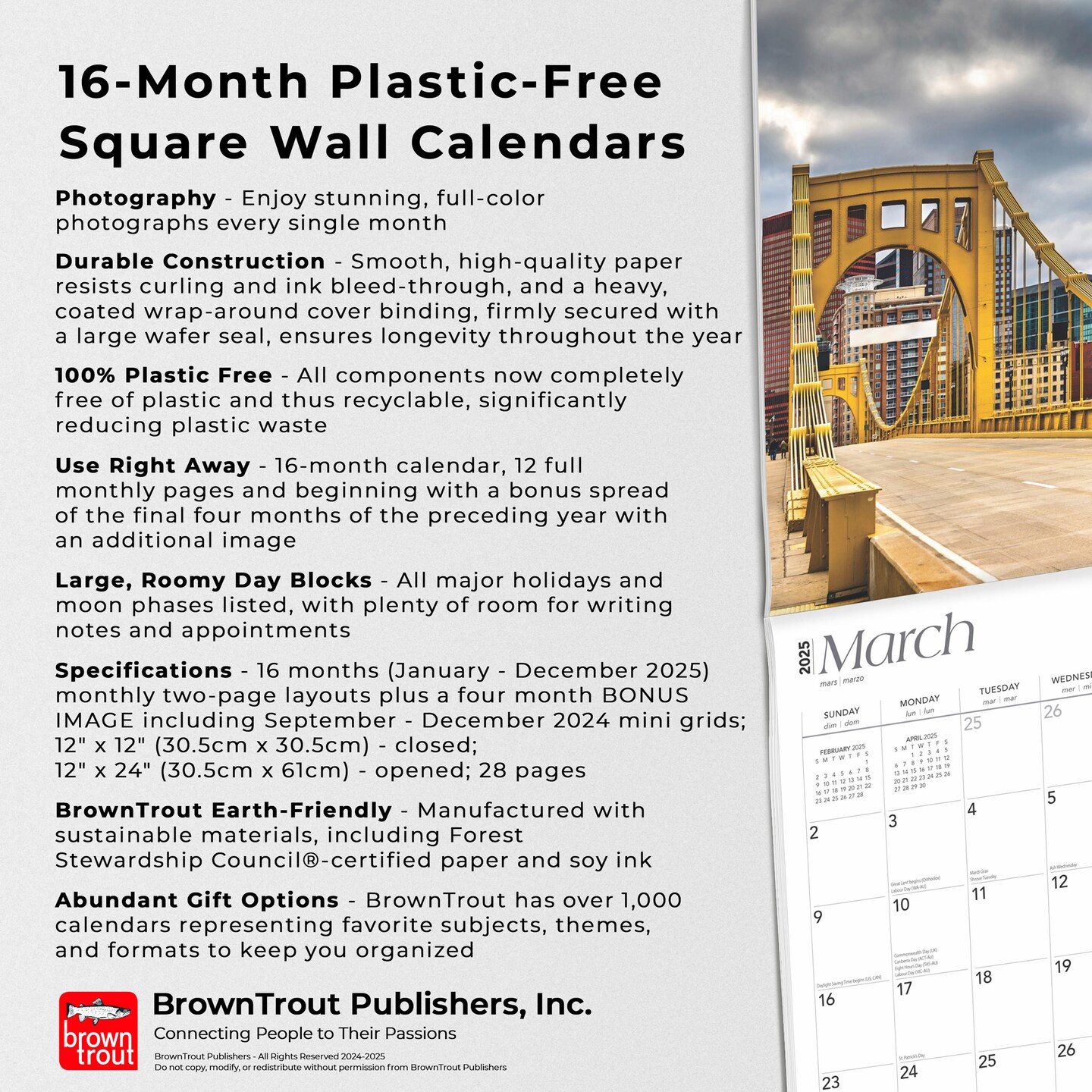 Pittsburgh | 2025 12 x 24 Inch Monthly Square Wall Calendar | Plastic-Free | BrownTrout | USA United States of America Pennsylvania Northeast City