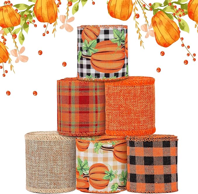 6 Rolls 30 Yards Fall Burlap Ribbon, 2.5&#x22; Wide Buffalo Plaid Wired Edge Ribbon with Pumpkin Pattern. Thanksgiving Theme Craft Ribbon Rustic Autumn Harvest Ribbon for Gift Wrapping. Making a wreath bow.