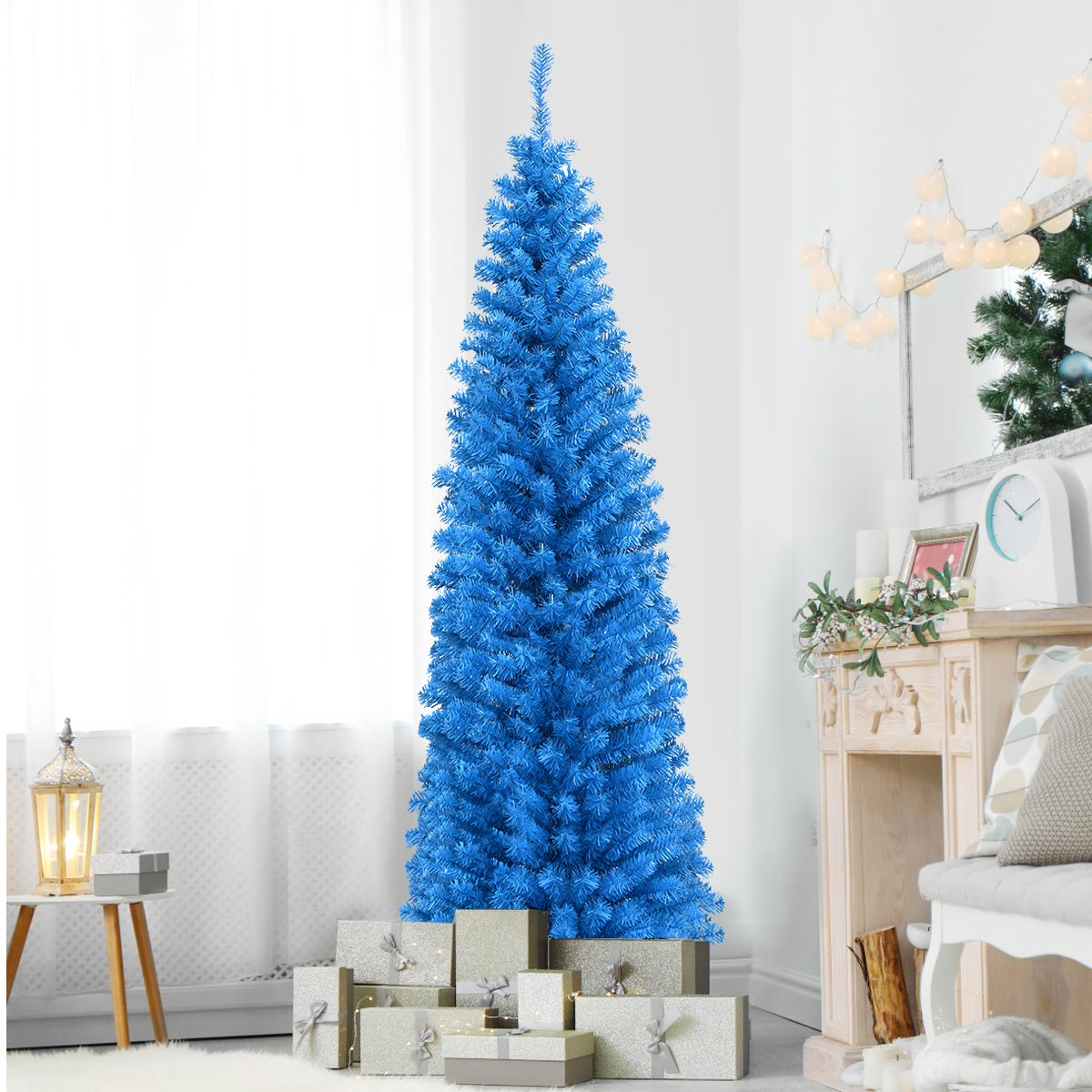 6Ft Pencil Artificial Christmas Tree (Blue/Champagne/Silver)