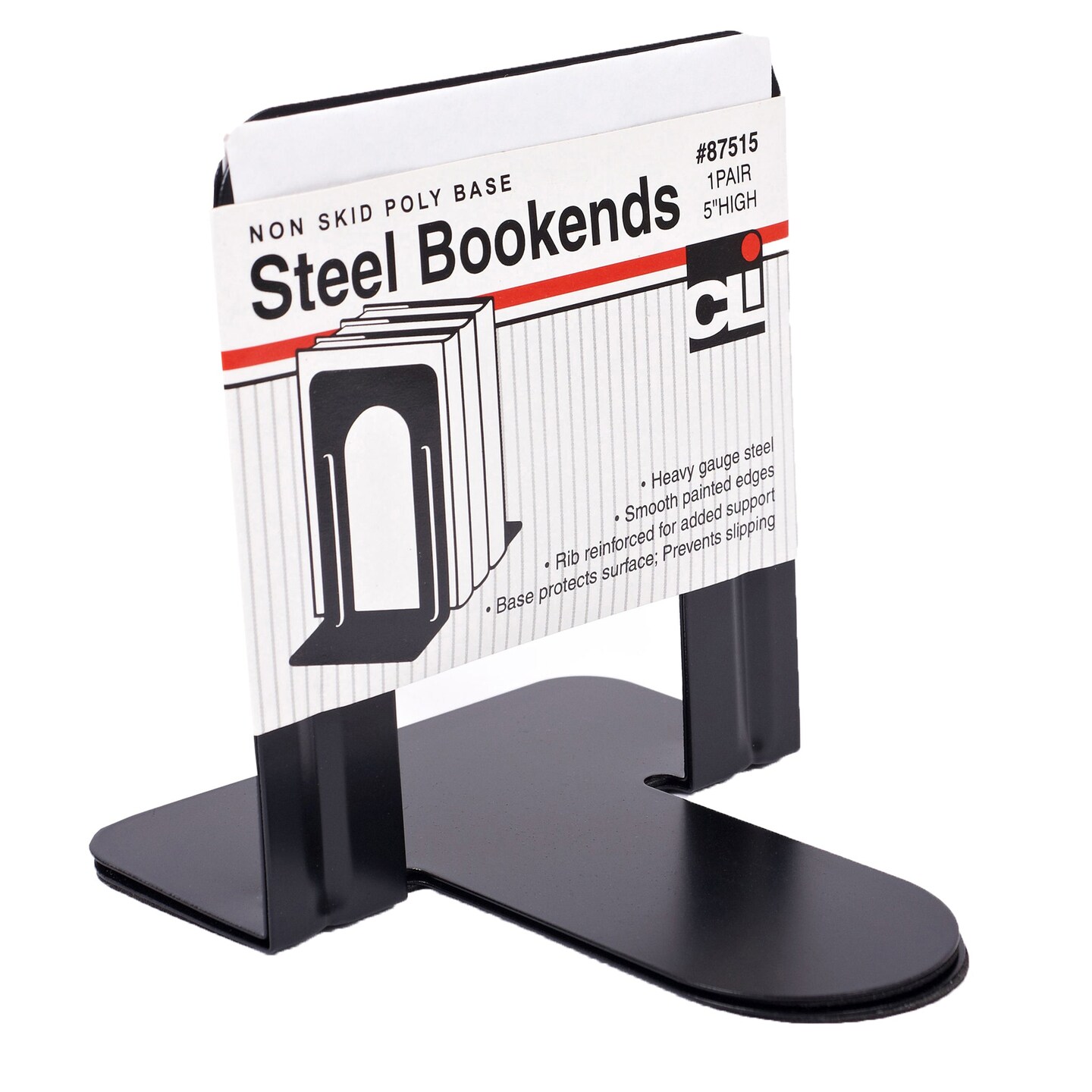 Bookends with Non-Skid Base, 5&#x22; Steel, Black, 1 Pair