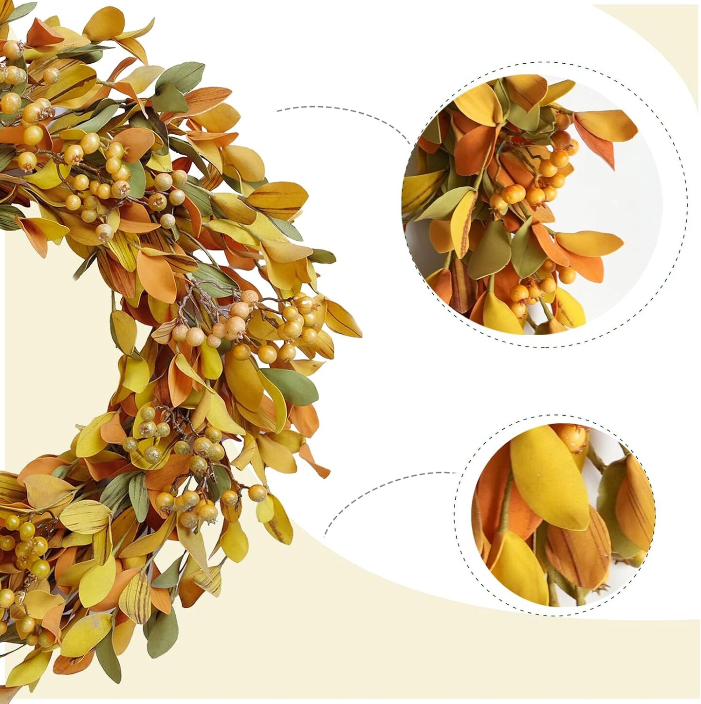Artificial Fall Leaves Wreath 20 inch Autumn Leaves Yellow Berry Decorative Wreath for Festival Celebration for Front Door Indoor or Outdoor Wall Home Party Decor