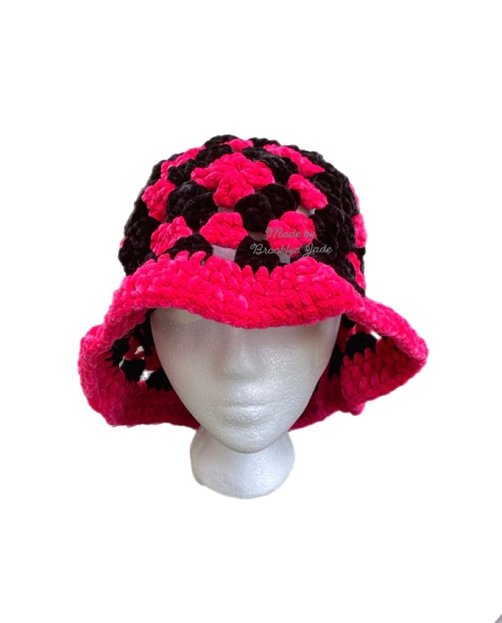 Hot Pink and Black Multicolor crocheted bucket hat. | MakerPlace